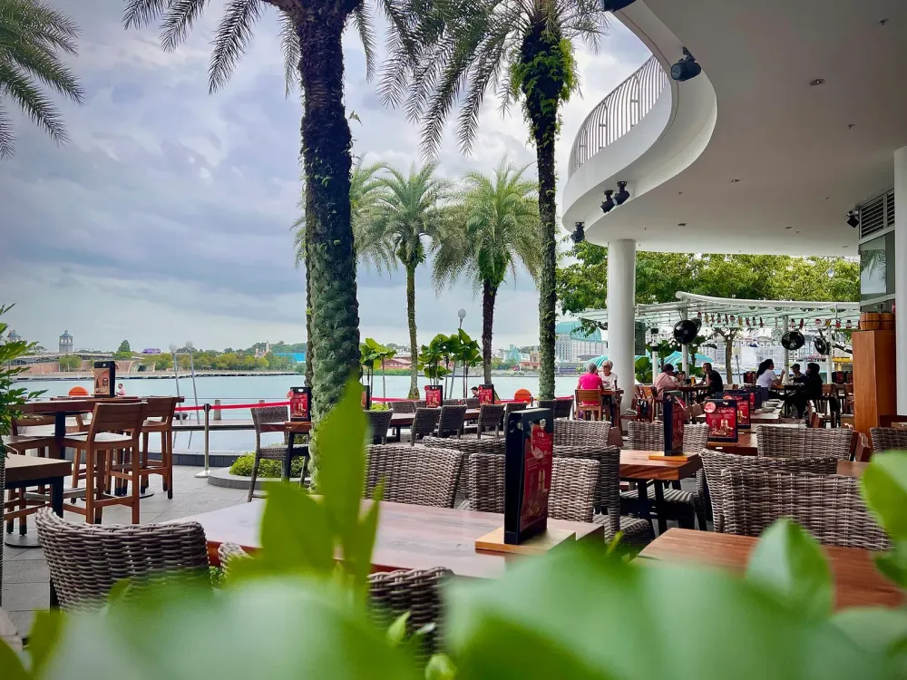 Outdoor waterfront restaurant seating with wicker chairs and palm trees under a cloudy sky.