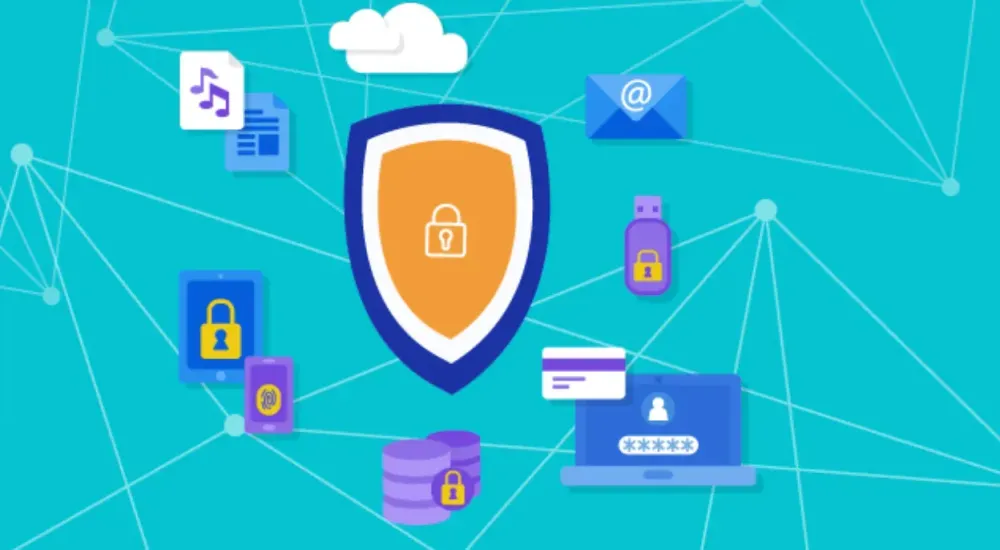 Illustration of a shield and lock surrounded by icons for computers, mobile devices, and data on a networked background.