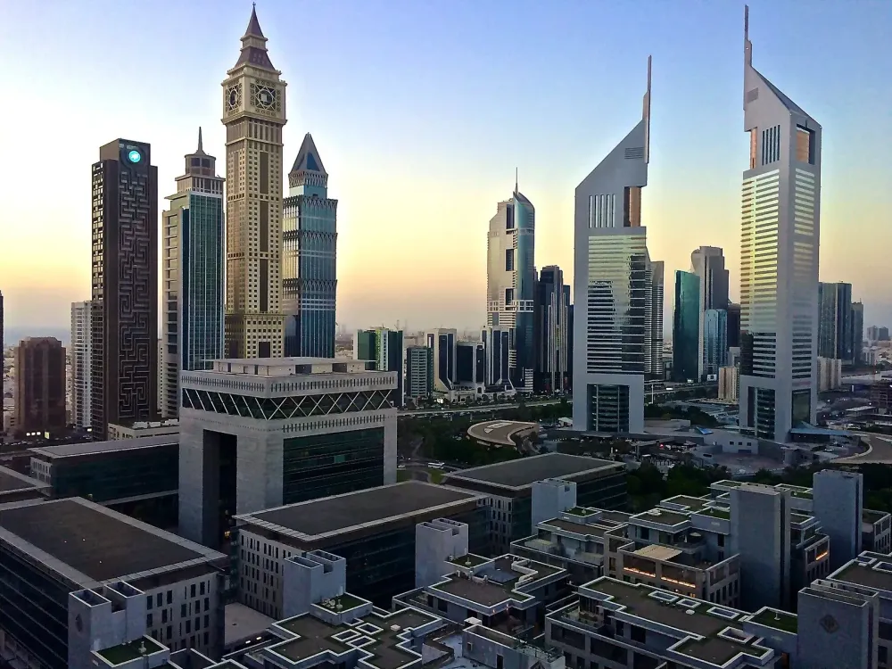 Panoramic view of modern skyscrapers and high-rise buildings in the Dubai skyline.