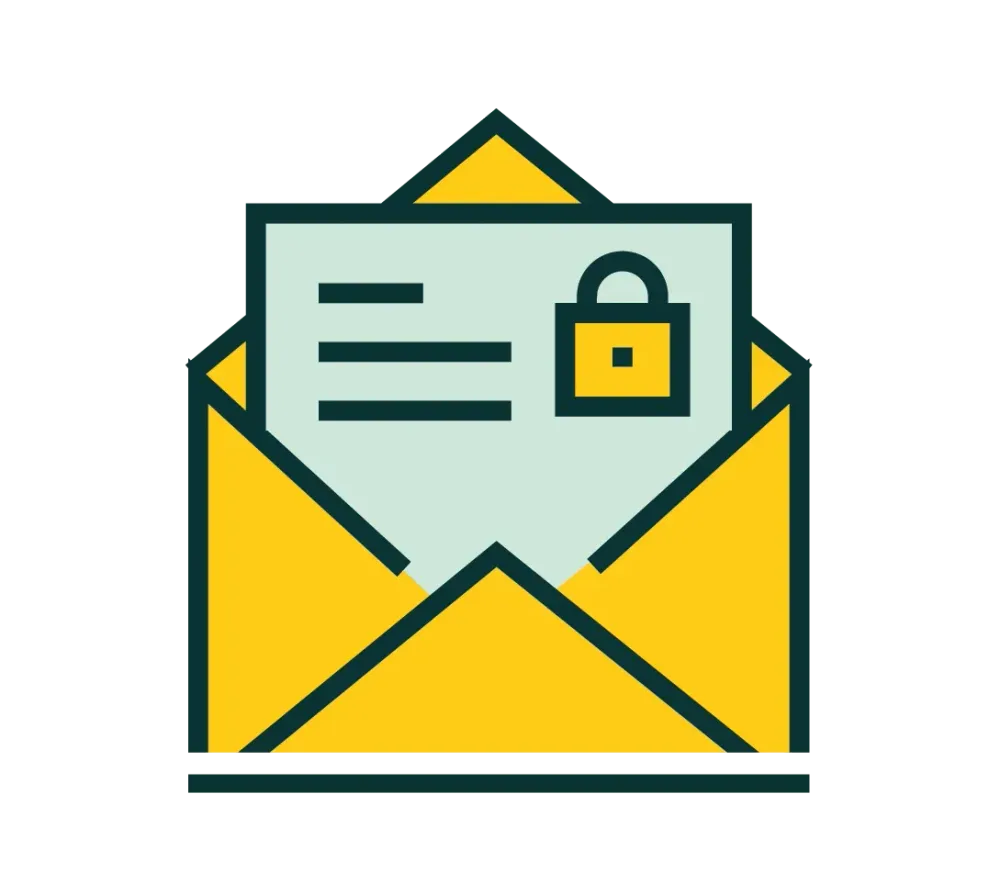Graphic of an open yellow envelope containing a document with text and a padlock.