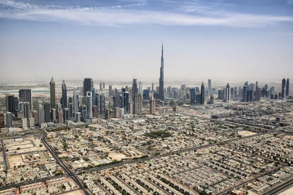 Aerial view of Dubai skyline with the Burj Khalifa and urban landscape