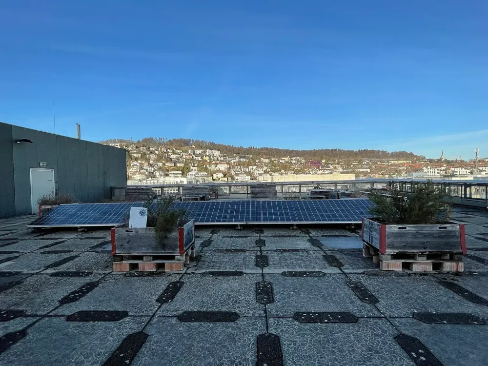 Photovoltaikanlage auf einem Flachdach mit Pflanzkübeln vor einer hügeligen Stadtlandschaft unter blauem Himmel.